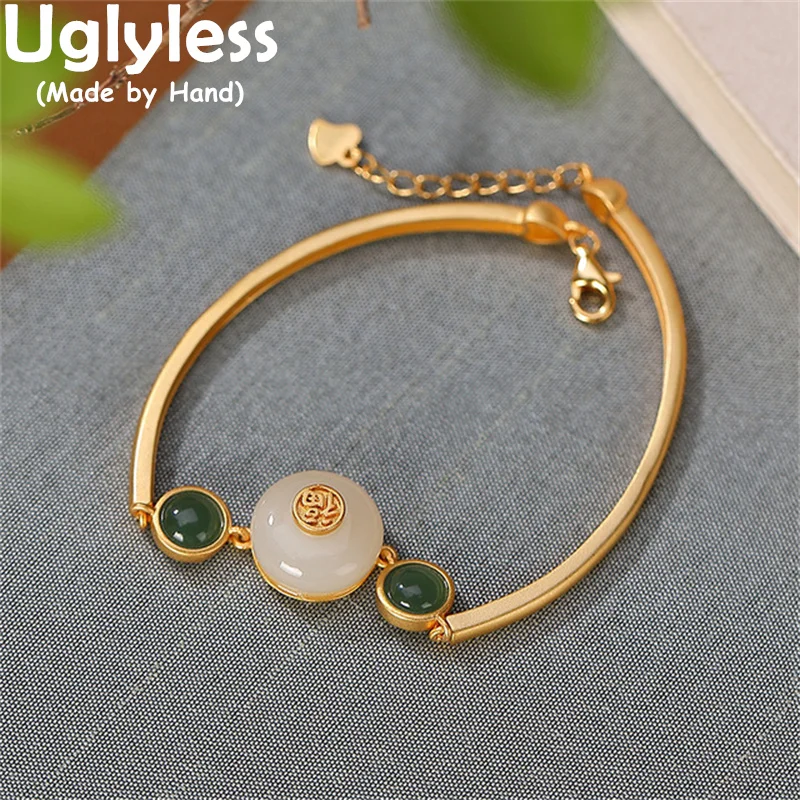 

Очаровательные восточные пуговицы Uglyless Chinese FU Peace, браслеты для женщин Hotan Jade Jasper, браслеты из стерлингового серебра 925 пробы, ювелирные издел...
