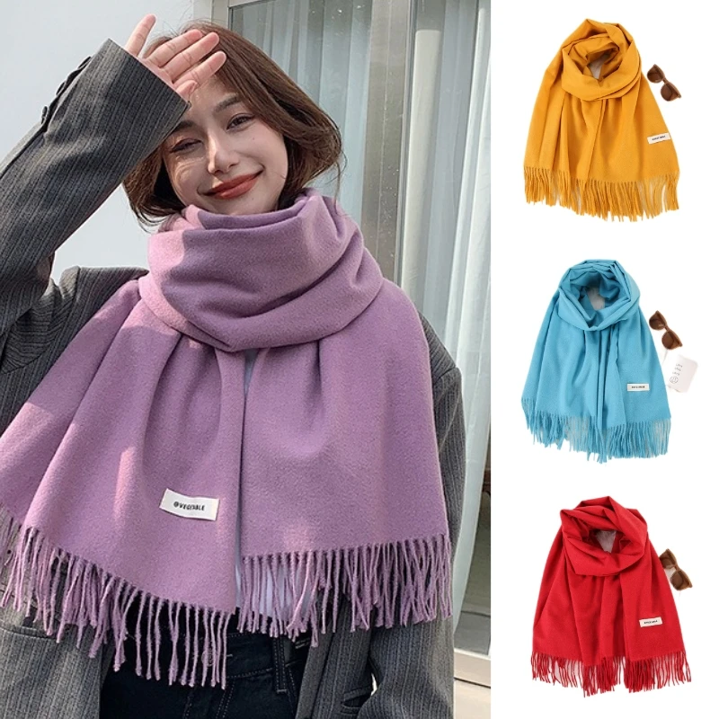 

Solid Color Scarf 2022 New Autumn and Winter Double-Sided Shawl Women's All-Match Cashmere Tassel Thickened Warm Scarf Wholesale