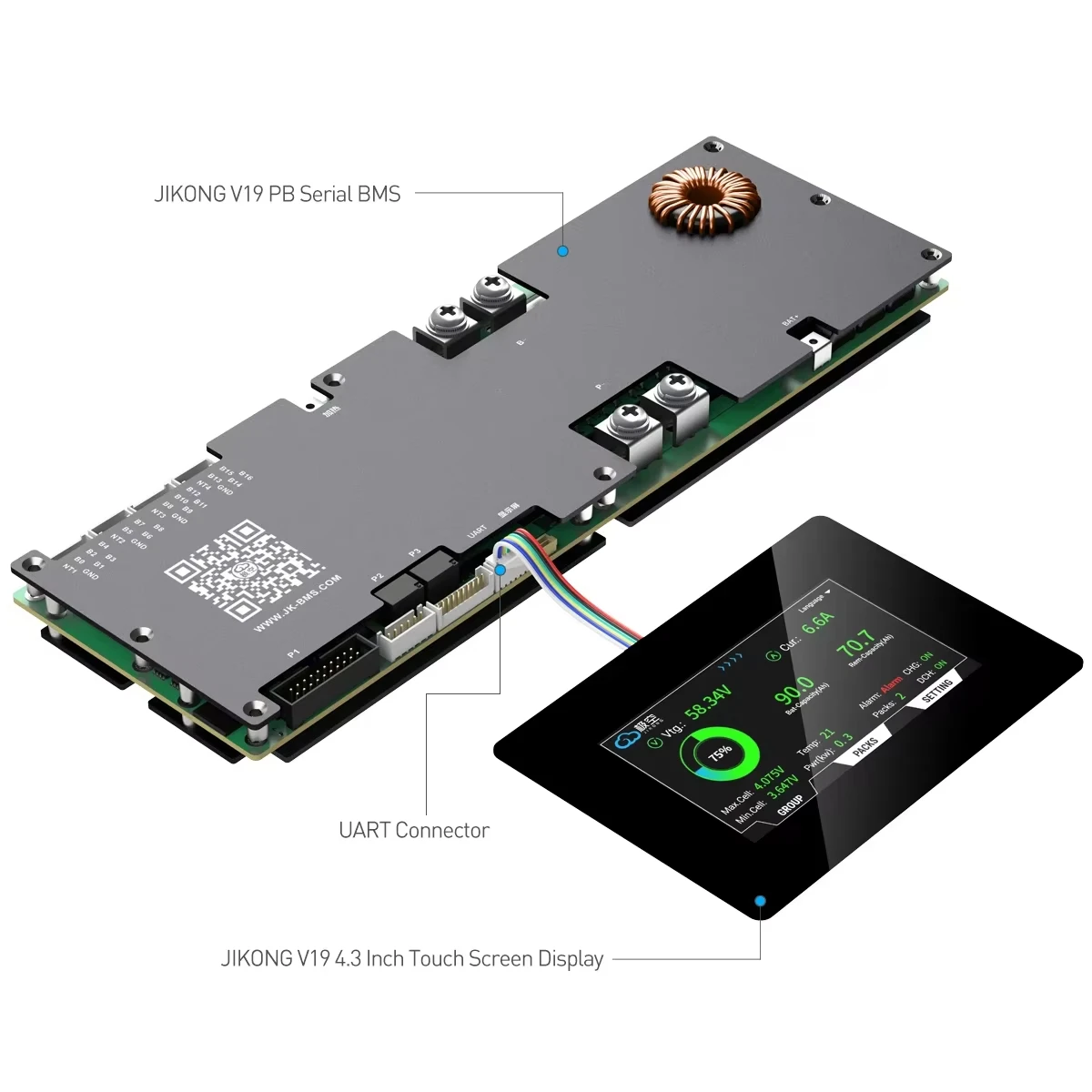 Фото Дисплей JIKONG 4.3 дюйма LCD TFT с сенсорным экраном для V19 JKBMS Smart BMS 9-36V, мультиязычный монитор заряда батареи 4.3 LCD №4
