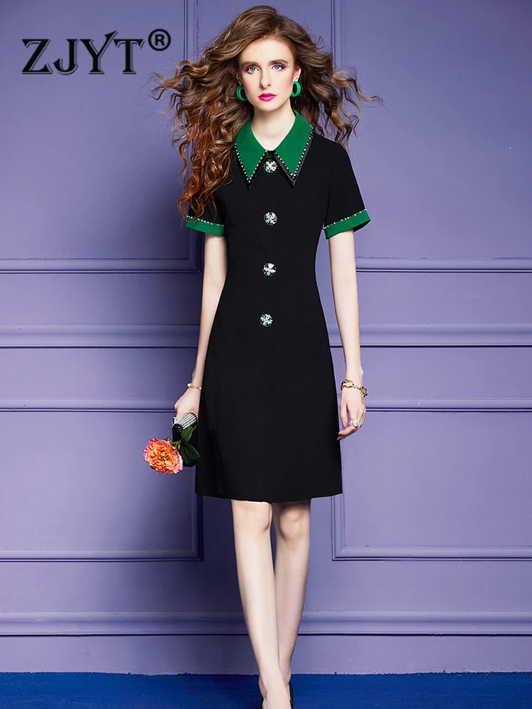 ZJYT Designer Beading Color Block Black Dresses for Women Summer 2023 Elegant Lapel Collar Short Sleeve Vestidos Party Plus Size