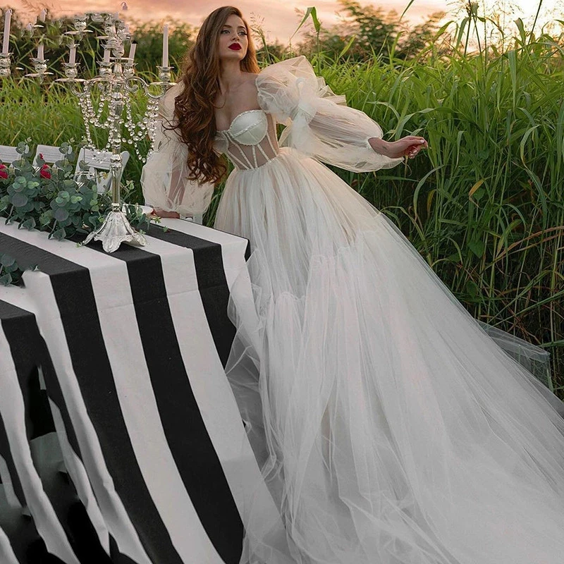 

Princess Tulle Wedding Dress A-Line Puff Sleeve Corset Bridal Dresses Elegant Sweetheart Long Simple Country Wedding Gowns