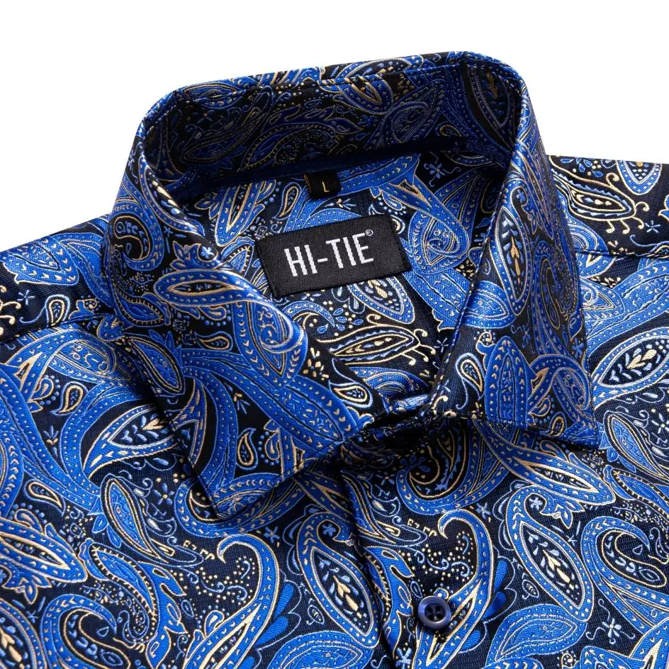Hi-Tie Long Sleeve Silk Men's Shirt Jacquard Navy Royal Sky Blue Slim Fit Shirts Casual Blouse Free Shipping Summer Spring Fall