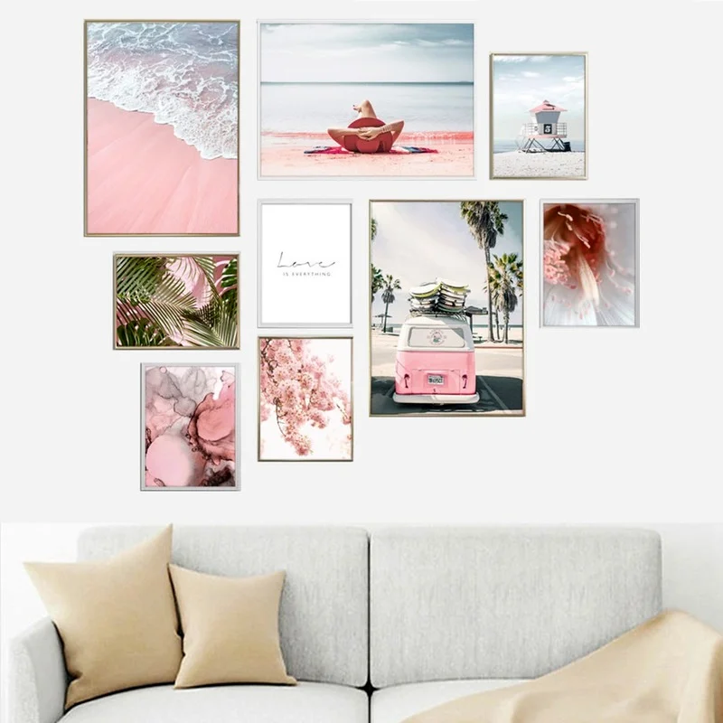 

Пляжный Розовый автобус девушка цветок пейзаж скандинавский декор живопись сердечник холст живопись отель с