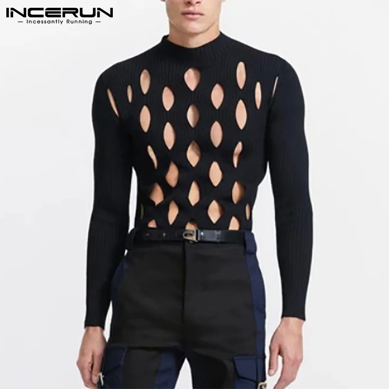 

Fashion Casual Men's Camiseta Hollow Out Round Neck Long Sleeve T-shirts Handsome Male Breathable Tees S-5XL INCERUN Tops 2022