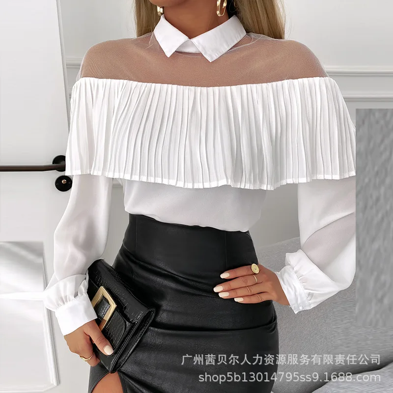 

2022 Spring New Stitching and Pleated Lapel Long-sleeved Shirt Top Woman Tshirts