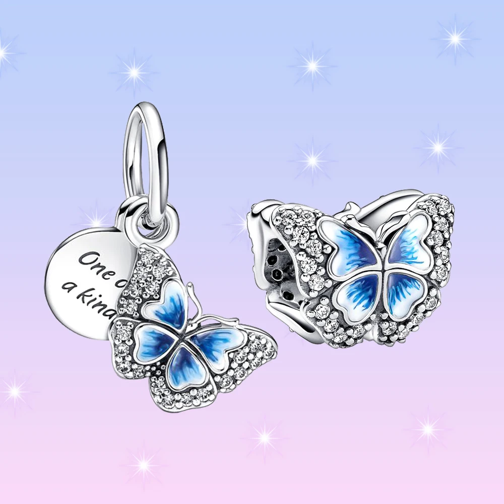 Pandora Blue Butterfly and Quote Double Dangle Charm for Women, Spring Story Series, Nette Jewelry, DIY Bracelet Accessrespiration