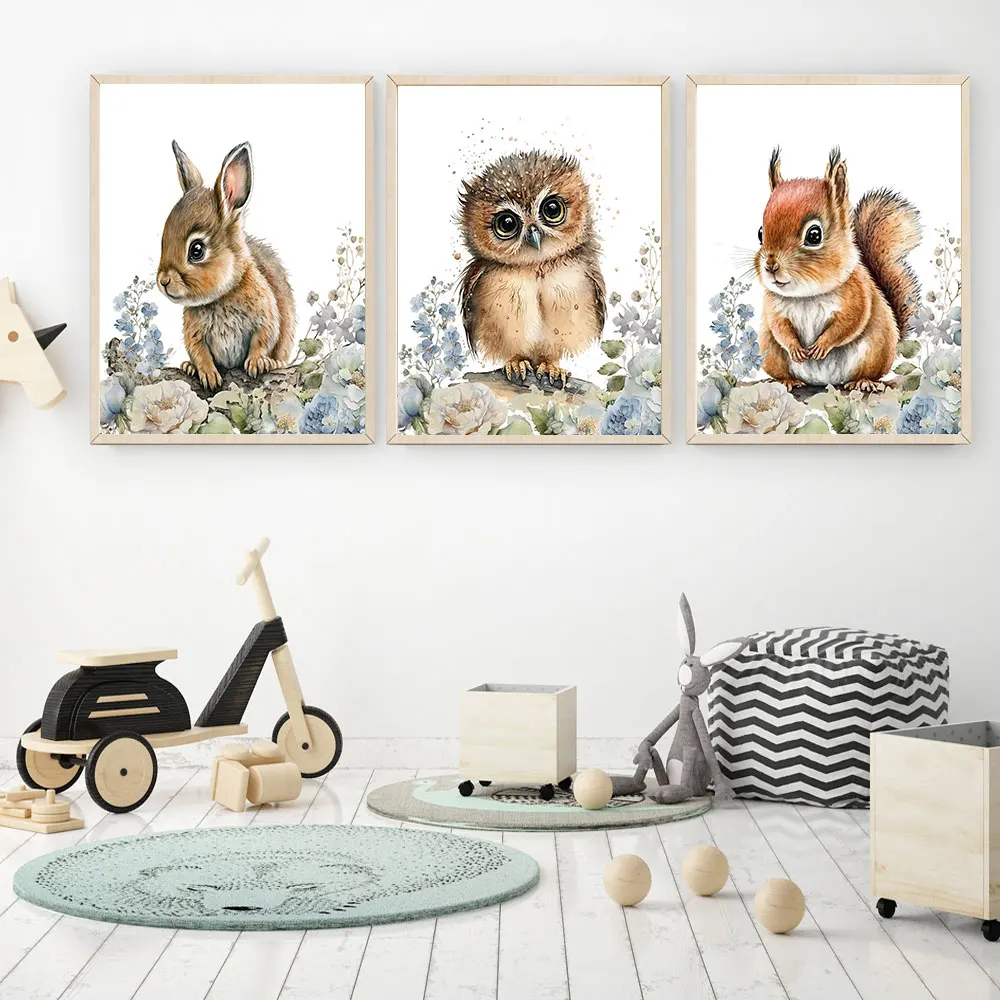 

Baby Animals With Blue Flowers Poster Nursery Prints Hanging Wall Art Canvas Painting Girl Nursery Decor Bedroom Decoration