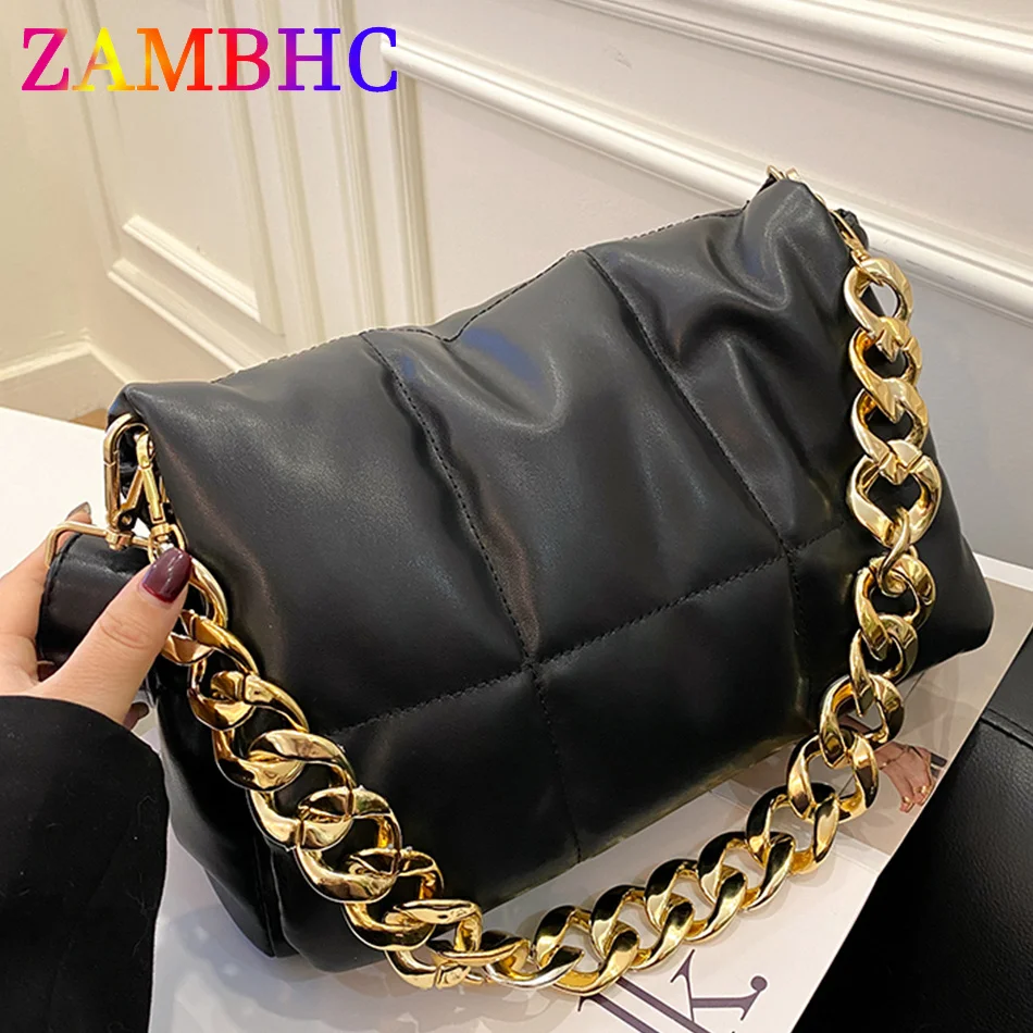 

Luxury Thick Chain Design 2023 PU Leather Shoulder Bags for Women 2023 Handbag Quilted Padded Crossbody Bags Winter Brand Sac