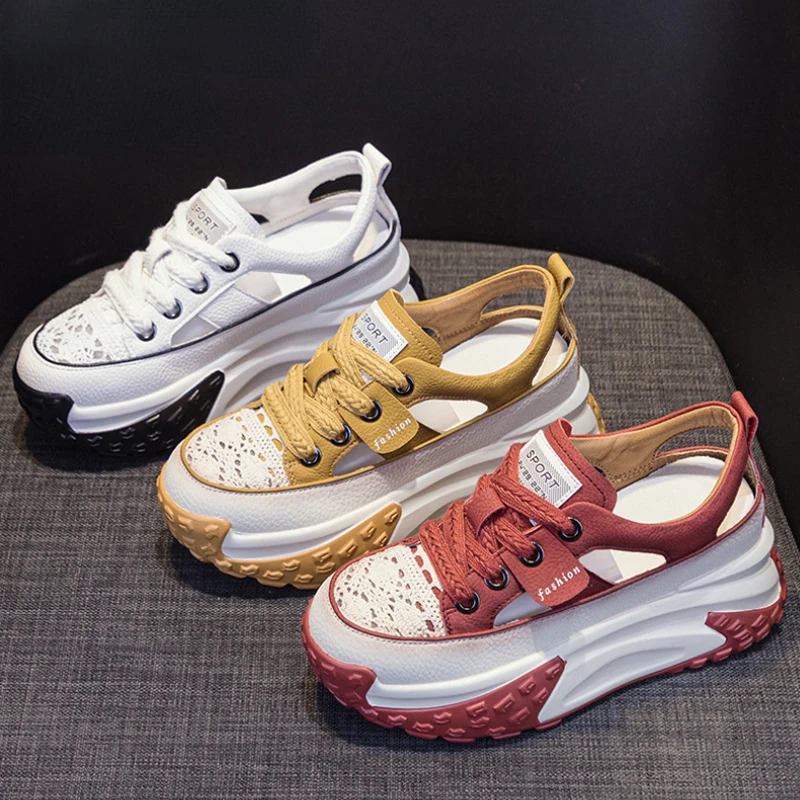 7cm Genuine Leather 2023 Platform Wedge Comfy Fashion Lace Breathable Women Chunky Sneakers Summer Hollow Leisure Female Shoes