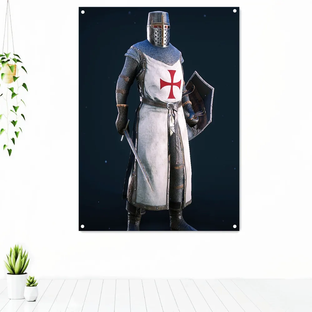 

Vintage Crusader Banners Flags Medieval Warrior Knights Templar Armor Posters Wall Art Canvas Painting Wall Hanging Home Decor 2