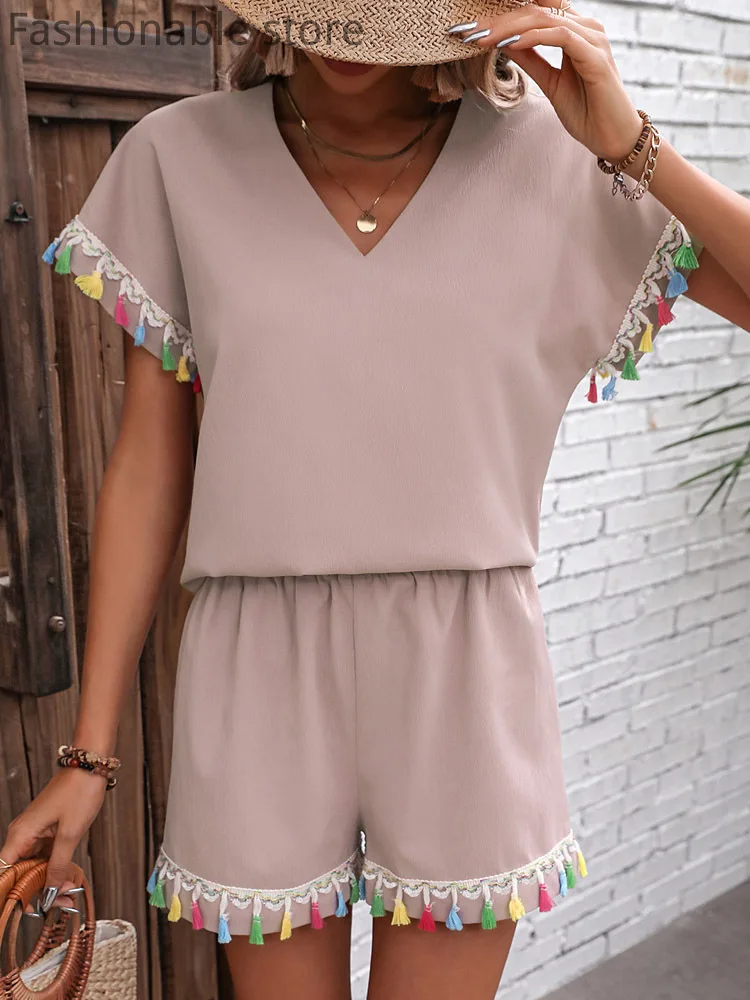 

Women Suits Loose Casual V-Neck Tassels Decor Short Sleeve Top And Shorts Set