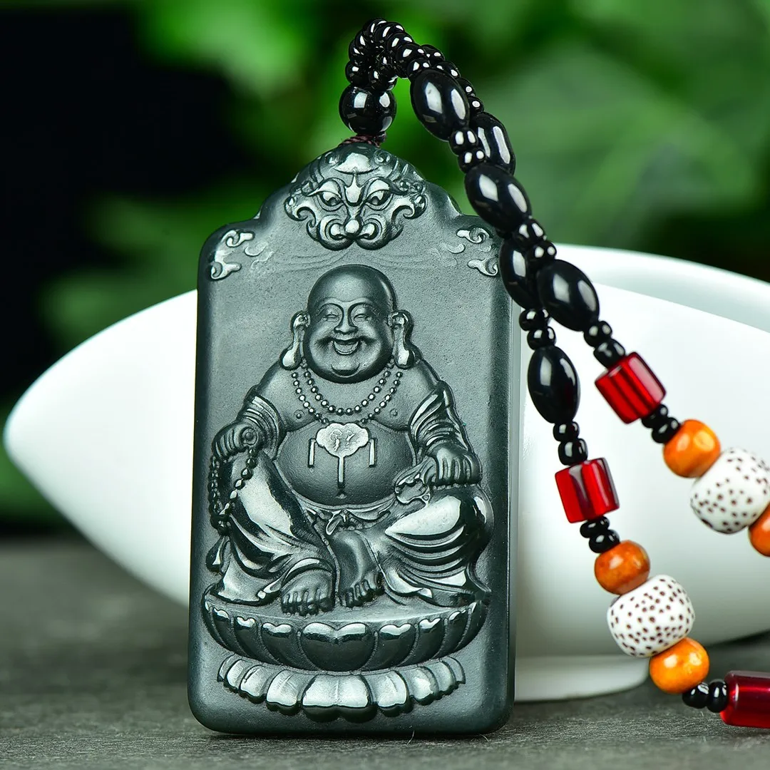 

33*64mm Green Jade Buddha With Lotus Flower Statue Pendant With Rope Chain Buddhist Amulet Fengshui Charms Necklace Men Women