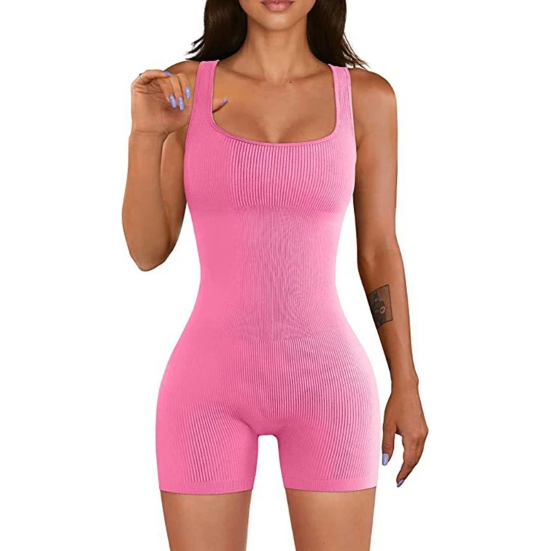 

Women's Black Compression Yoga Jumpsuit Square Neck Fit Ribbed Bodysuit for Athletes