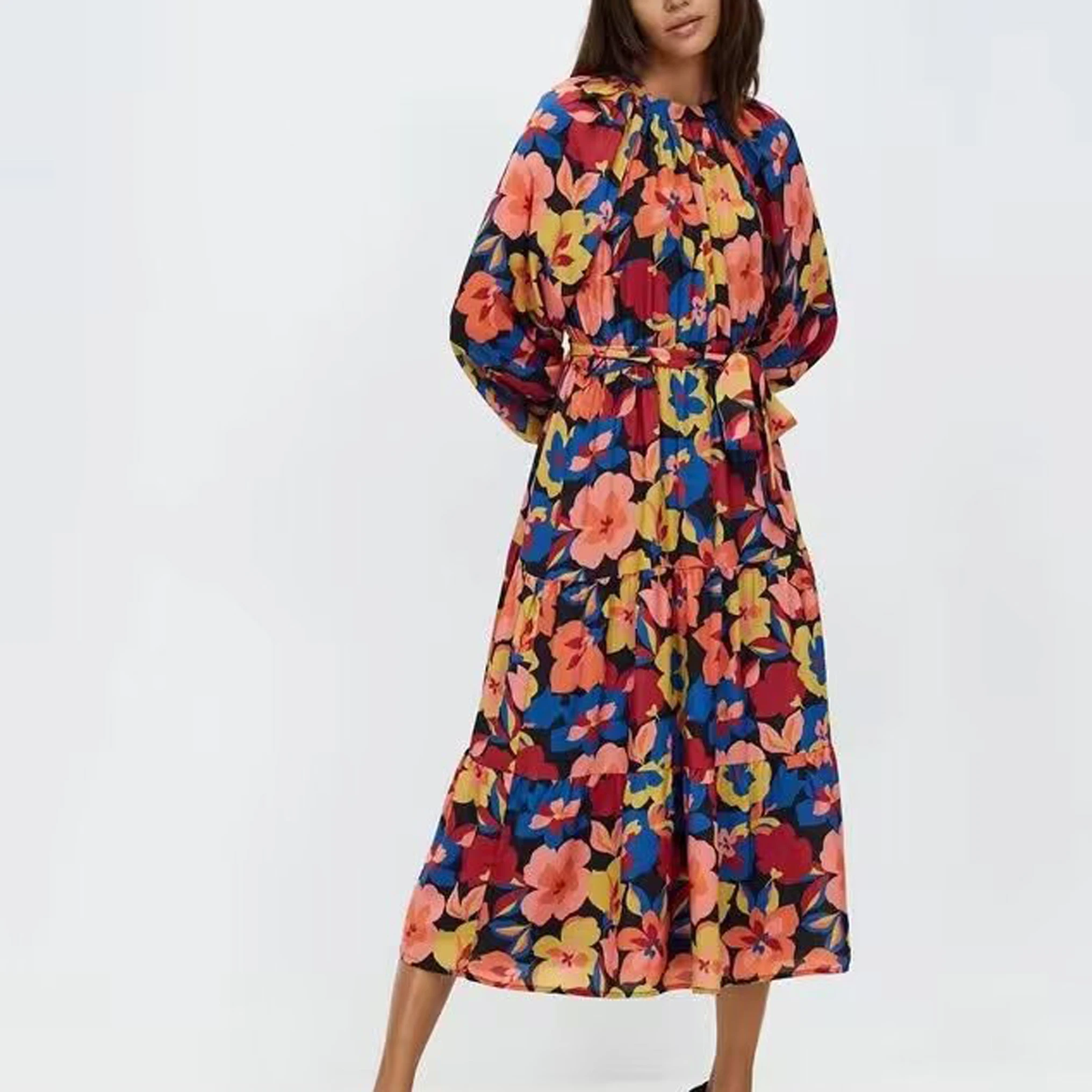 

A.D.EAST - Vintage Multicolor Print Dress Women O Neck Long Sleeve Summer Casual Holiday Dress Female