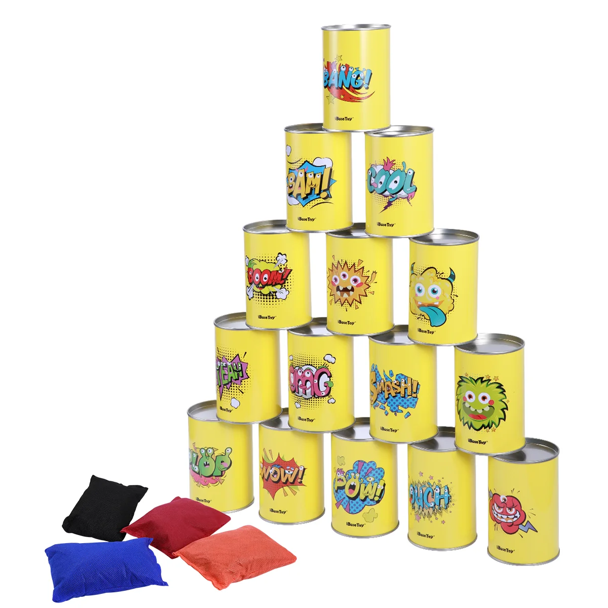 

iBaseToy Bean Bag Can Toss Game Set Party Supplies Tin Can Game for Kids Birthday Parties 15 Tin Cans and 4 Bean Bags