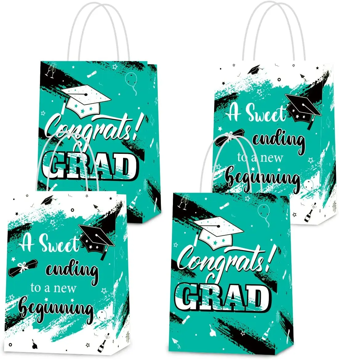 

Congrats Grad Teal Blue Party Favor Bag with Handle A Sweet Ending To New Beginning Print for 2023 College Senior Graduation