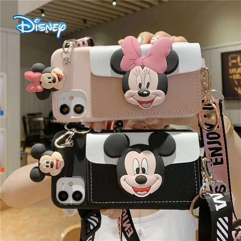

Disney Mickey Minnie Cartoon Mobile Phone Case with Wallet lanyard for iPhone 13 13mini 13pro max Plus Cute Cell Phone Shell