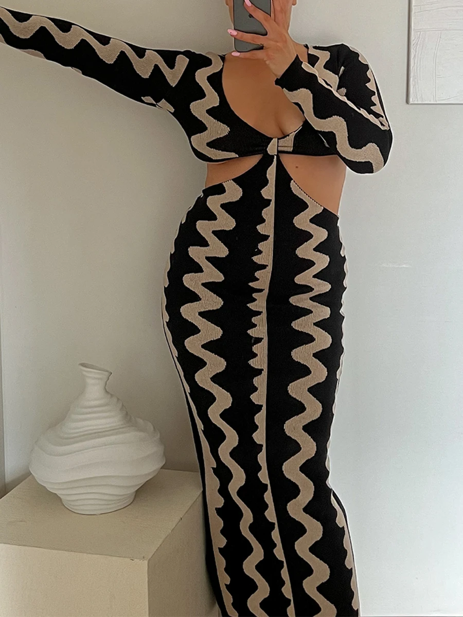 

Женское осеннее длинное пляжное платье, вязаное крючком платье для отпуска с длинным рукавом и глубоким V-образным вырезом, платье с открытой спиной