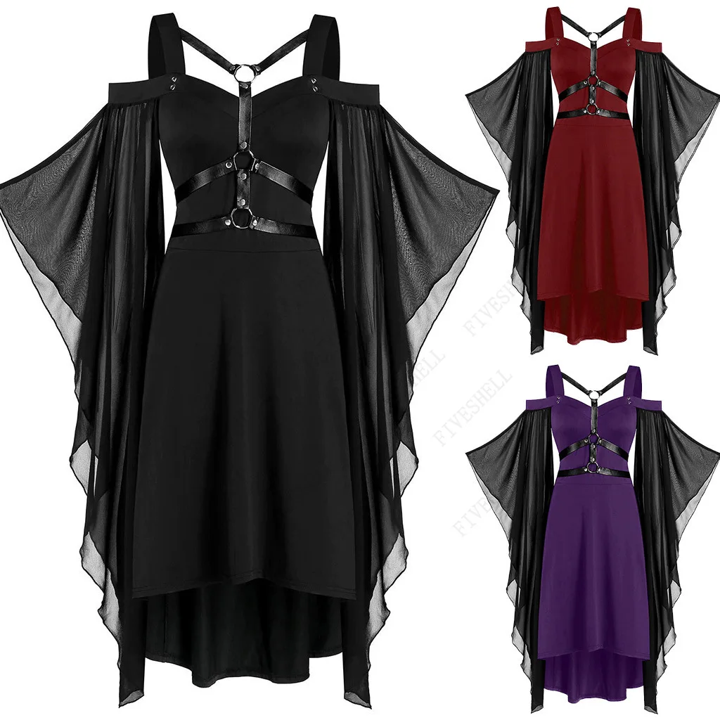 

2023 ROSEGAL Gothic Grommet Lace Up Mini Dress Summer S-5XL High Waist Cold Shoulder Mesh Handkerchief A-Line Ruffles Dresses