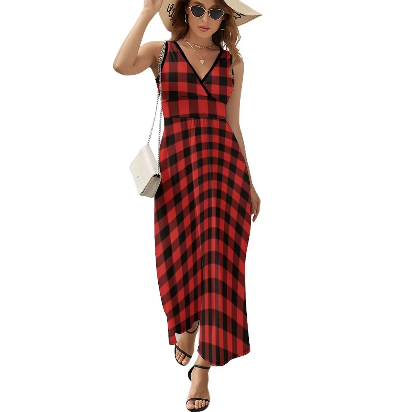 

Vintage Plaid Dress Red Black Checkered Street Wear Boho Beach Long Dresses Womens Elegant Design Maxi Dress Birthday Present