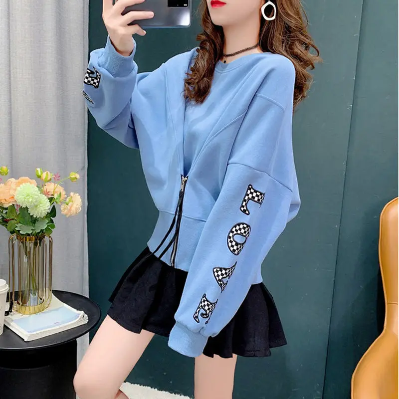 Короткие толстовки с буквенным принтом весенне-осенние лоскутные топы на молнии