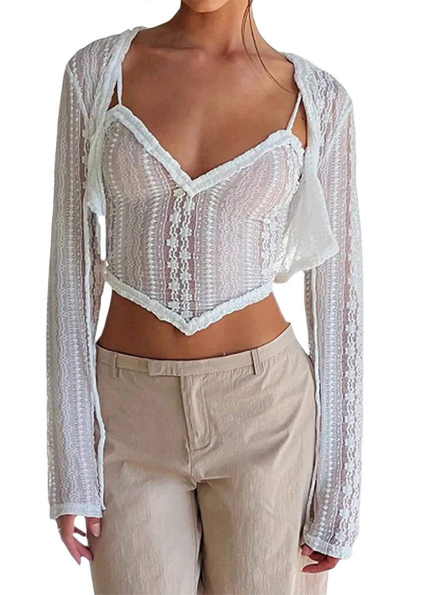

Women Off Shoulder See Through Crop Top Lace Long Sleeve Shirt Sheer Mesh Slim Fit Blouse Y2k Sexy Retro Streetwear