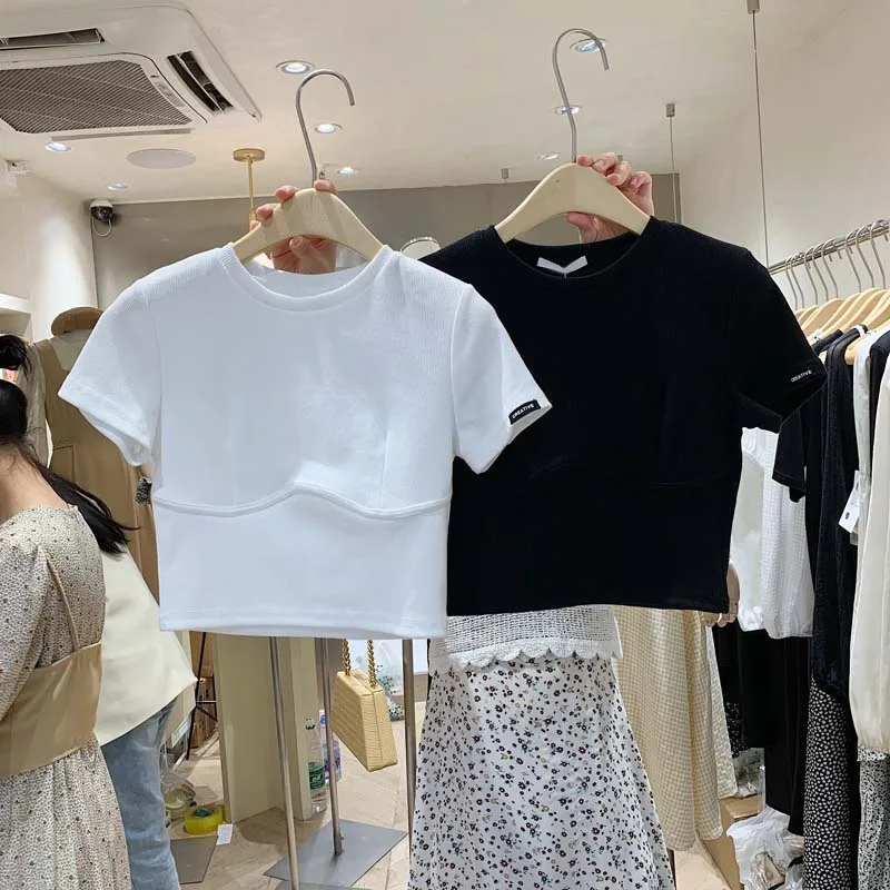 

Summer new short Korean dongdamen temperament simple small fresh slim fit versatile rib cotton short sleeve T-shirt women