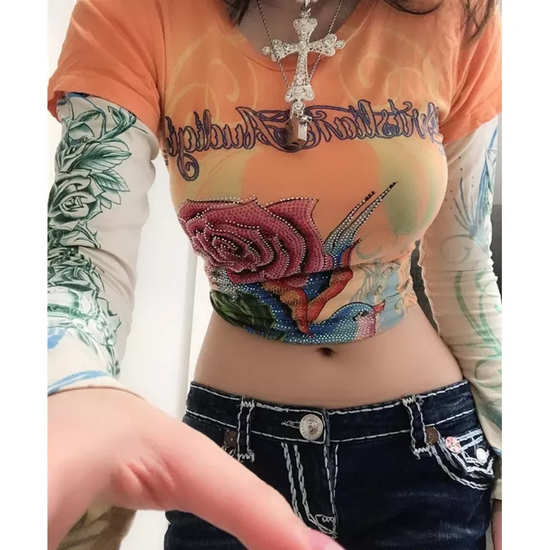 

y2k Diamond Fairy Grunge Top Streetwear E-girl Floral Printed Slim Women Short Tees Retro Rhinestone Long Sleeve Tshirt