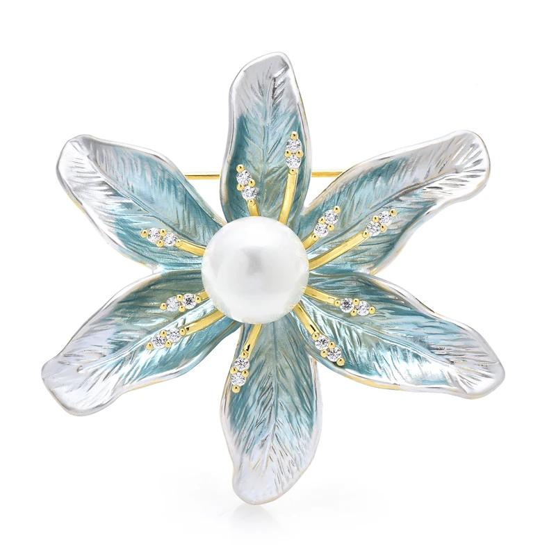 

Wuli&baby New Enamel Flower Brooches For Women Unisex Blue Enamel Pearl Beauty Plants Party Office Brooch Pin Gifts