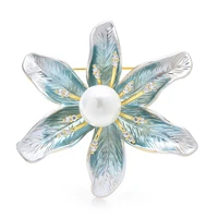 wulibaby new enamel flower brooches for women unisex blue enamel pearl beauty plants party office brooch pin gifts