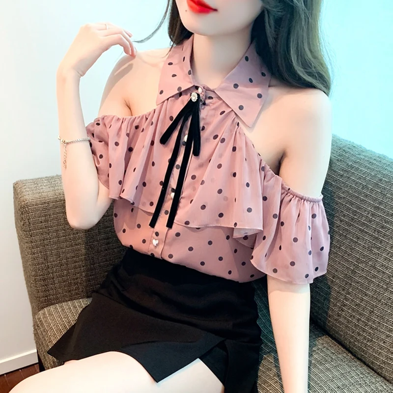 

2023 Summer New Korean Version Clothes For Women Chiffon Blouses Polka Dot Print Halter Off-The-Shoulder Shirt