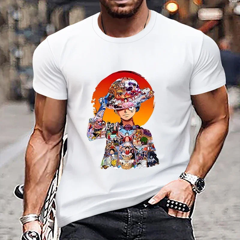 Anime One Piece T-shirt Luffy Zoro Men Cotton Round-neck Sports Casual Loose Cartoon Printing Short-sleeved Tops Clothing