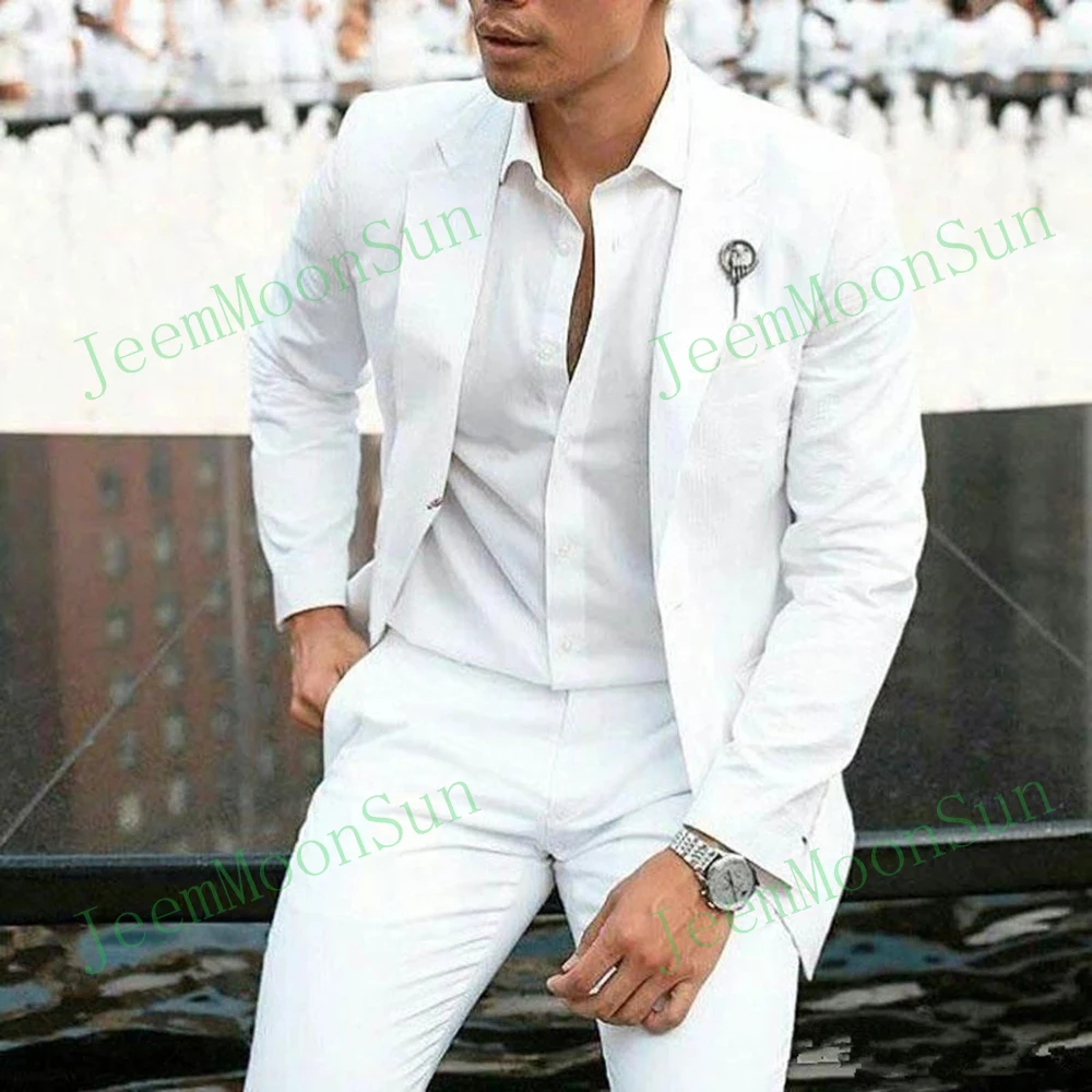 Fashion Summer White Linen Groom Tuxedos Notched Lapel Men Suit 2022 Slim Fit 2 Piece Men Blazers Costume Homme Jacket+Pants