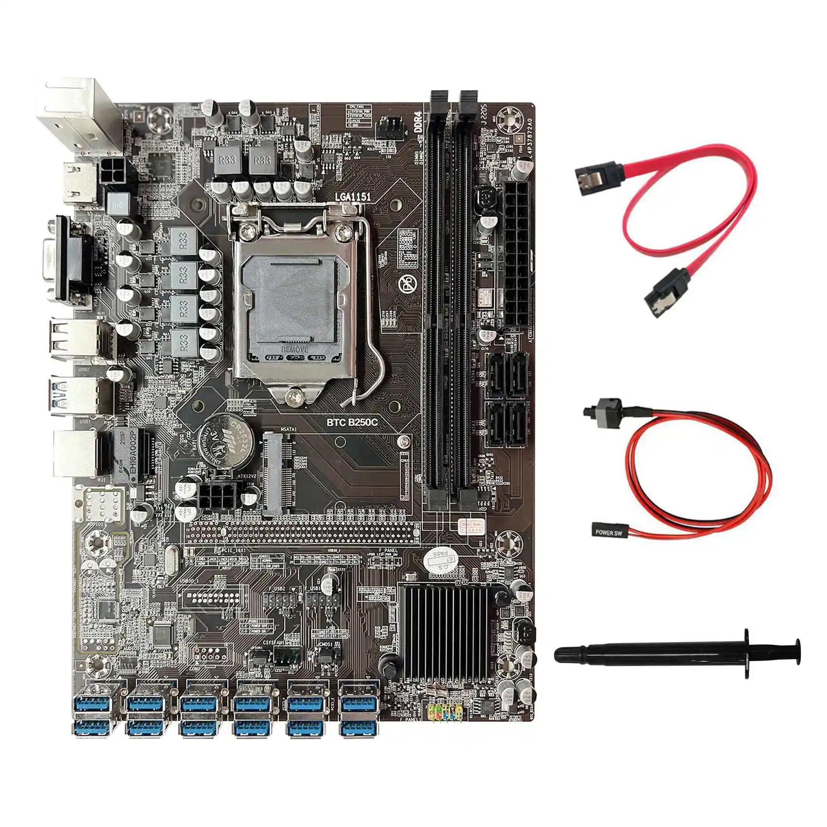 

B250C ETH Mining Motherboard+SATA Cable+Switch Cable+Thermal Grease 12XPCIE to USB3.0 GPU Slot LGA1151 for ETH Miner