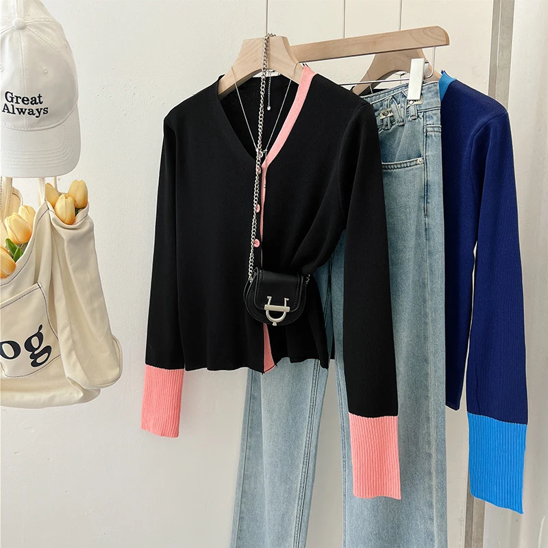 Элегантный осенний вязаный кардиган с v-образным вырезом лоскутный свитер