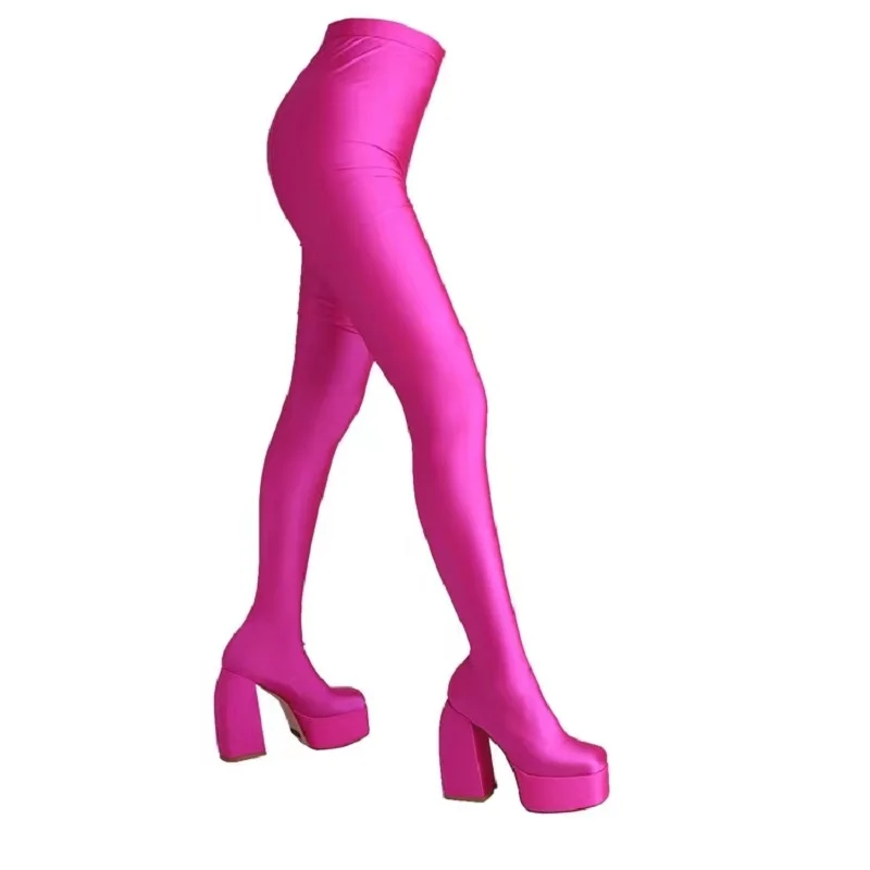 

PETITE GIRL High-heeled Pantyhose Boots Women's British Style Square Head Waterproof Table Fashion Heightening Elastic Boots 44