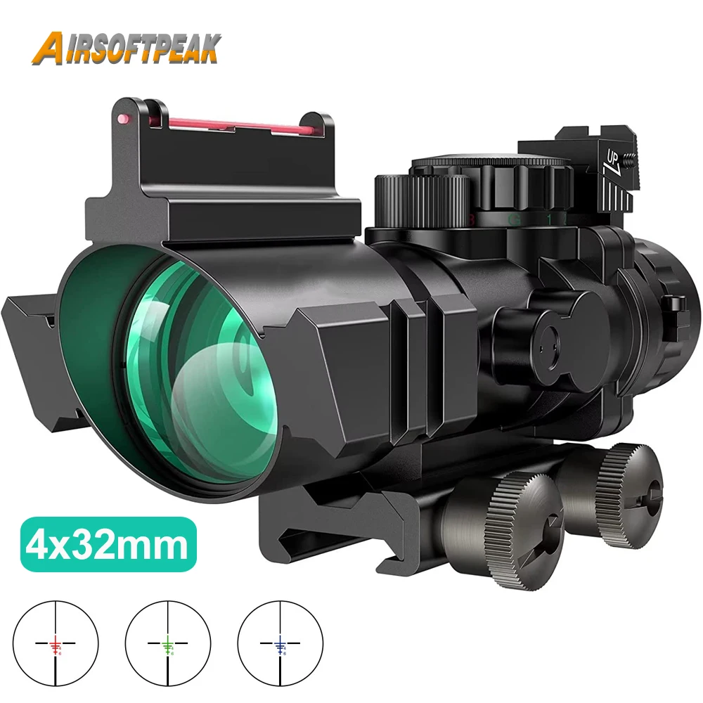 

4x32mm Tactical Prism Riflescope Etched Reticle Red Green Blue Illuminated Scope Sight with Top Fiber Optic Sight Rifle Scope