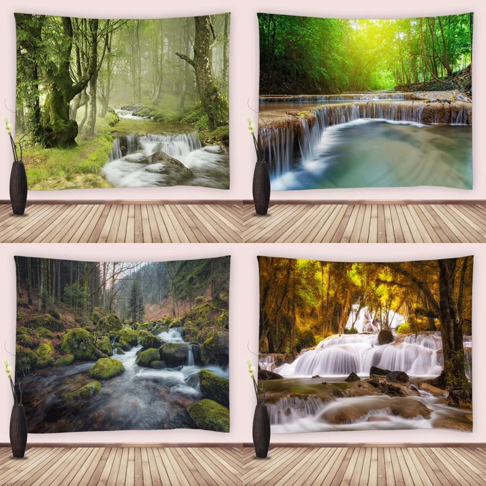 

Forest Tree Jungle Large Fabric Tapestry Wall Hanging Natural Scenery Waterfall Cloth Tapestry Aesthetic Dorm Living Room Decor