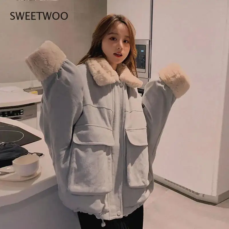 Women Winter Kawaii Fur Collar Coat Lady Parkas Thick Velvet Loose Cute Jacket Female Sweet Thick Warm Outwear Clothing Slim2022