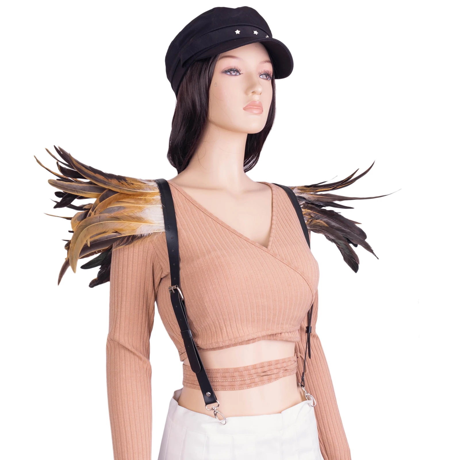 Шаль из искусственной кожи с перьями готическая накидка в стиле панк шаль