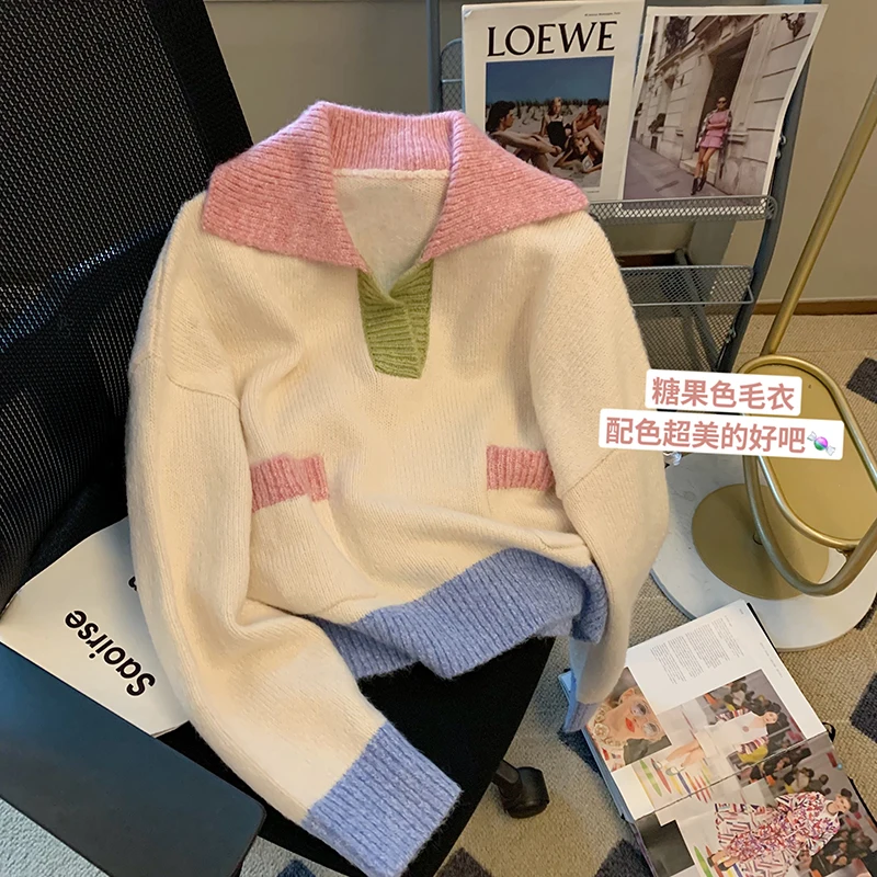 

Женский трикотажный свитер контрастных цветов с V-образным вырезом и лацканами, новинка для весны и осени, поло в стиле преппи, пуловер с дли...