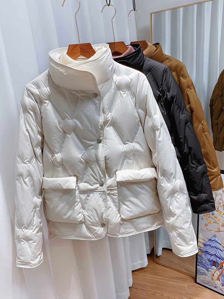 

Autumn Winter Women Ultra Light Stand Collar White Duck Down Coat Casual Female Single Breasted Loose Down Parka Outwear