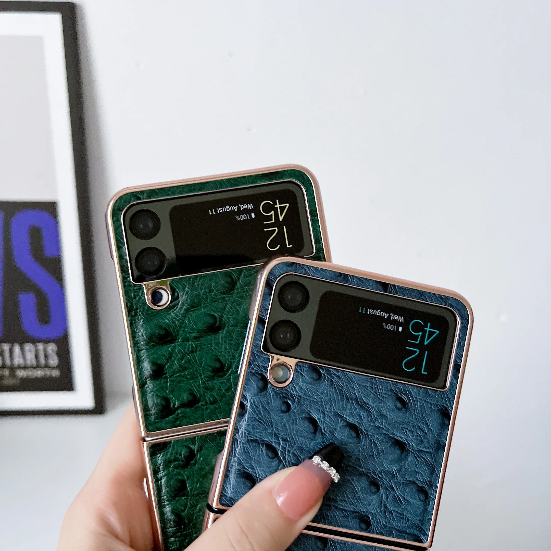 Retro Genuine Cowhide Leather Case For Samsung Galaxy Z Flip 4 3 Flip4 Ostrich Skin Grain Glossy Electroplated Frame Back Cover