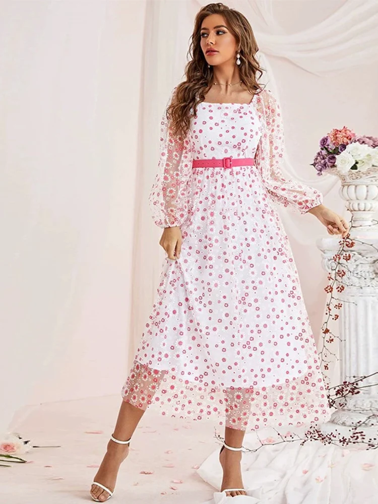 

Женское платье-миди с квадратным вырезом, длинным рукавом и цветочным принтом