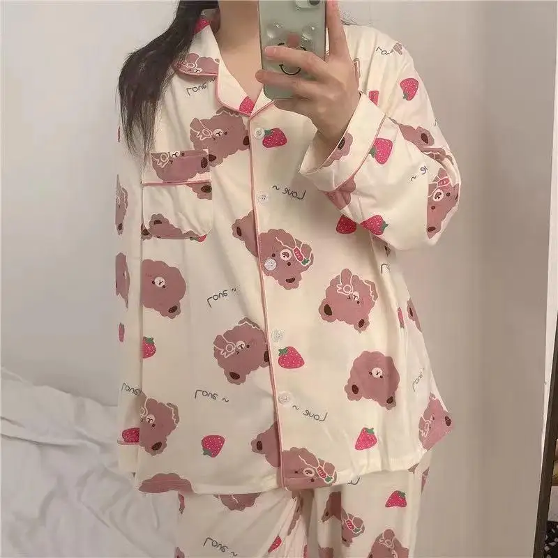 2022 New Pajamas Women Spring And Autumn Cotton Iong Sleeve Cardigan Senior Feeling Can De Worn Outside The Residential Suit Set
