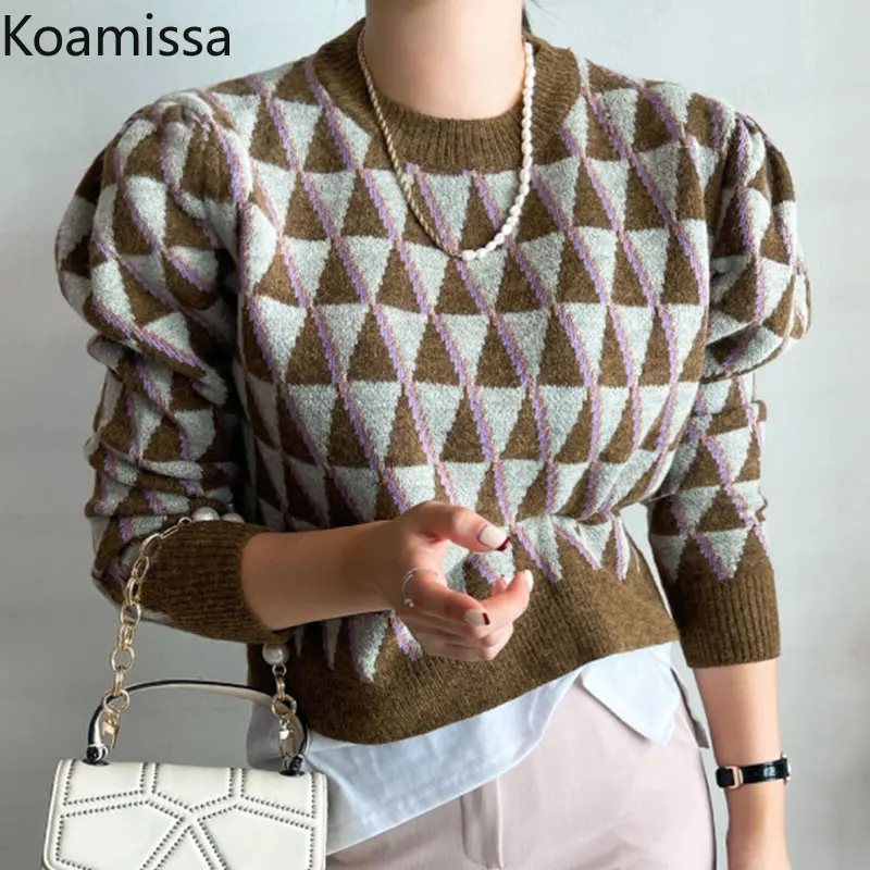 

Koamissa Thick Warm Women Knitted Pullovers Ladies Autumn Winter New Plaid Sweaters Femme Retro Causal Loose Jumpers Cropped Top