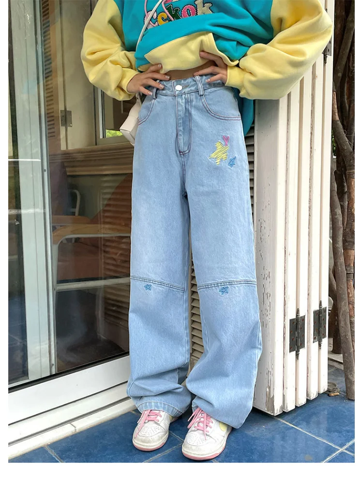 HOUZHOU Kawaii Blue Jeans Women Baggy Casual High Waist Cute Star Embroidery Jeans Wide Leg Denim Trousers Japanese Preppy Style