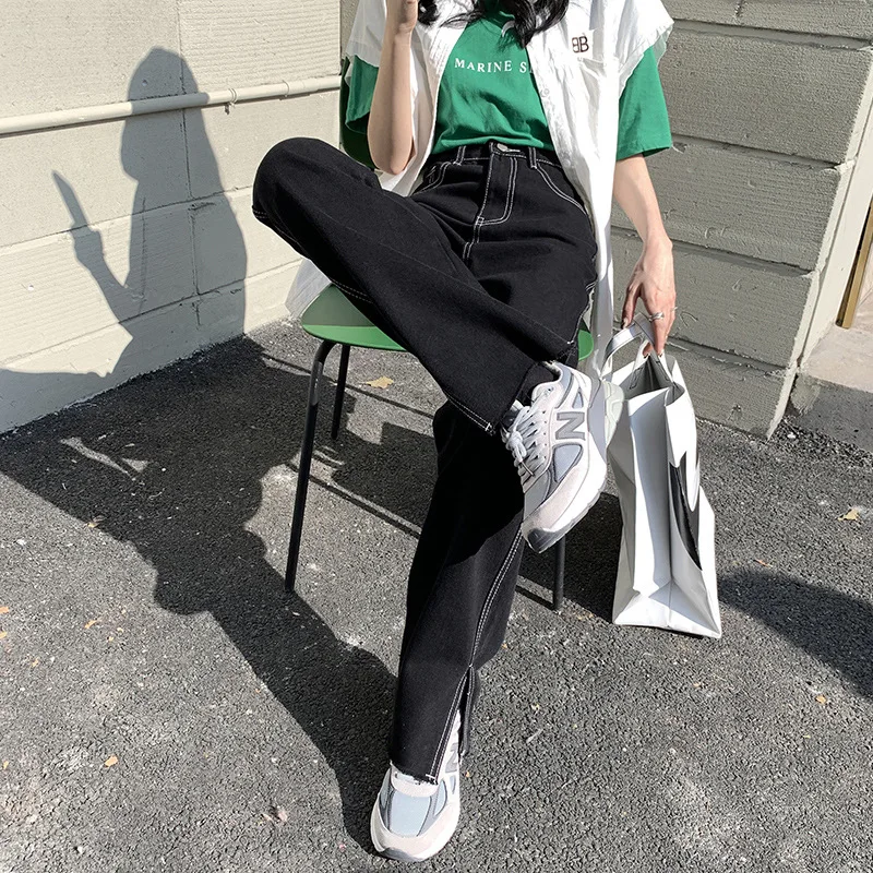 

Split High Waist Floor Sweep Jeans Women Black Vintage Straight Pants 2021 Spring Autumn Indie New Fashion Trousers Solid Colors