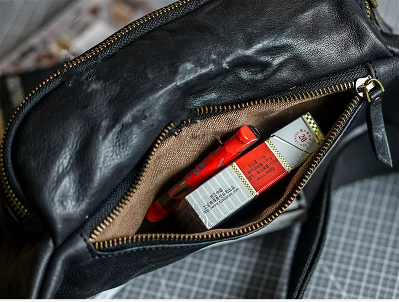 Retro fashion teenager natural genuine leather black chest bag daily outdoor sports real cowhide hot sale waist bag for men