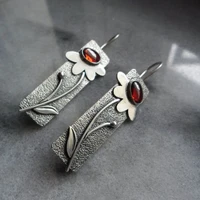 vintage leaf flower red stone earrings silver color carved plant blossom water drop metal earrings for women gift